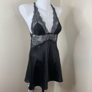 Victoria's Secret Sz S Black Satin Lace Slip Dress Nightie Lingerie Babydoll